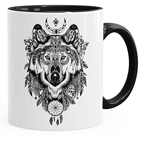 Autiga Kaffee-Tasse Wolf Atzekenmuster Boho Bohamian Atzec Animal Ethno schwarz unisize von Autiga