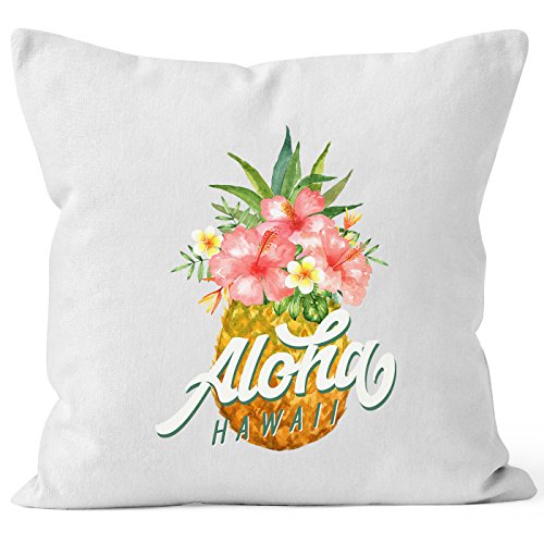 Autiga Kissenbezug Ananas Aloha Hawaii Blumen Tropical Paradise Kissen-Hülle Deko-Kissen quadratisch Baumwolle weiß Unisize von Autiga