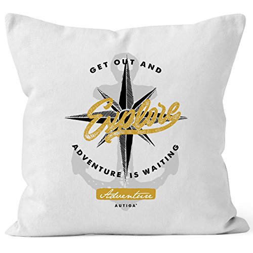 Autiga Kissenbezug Anker Windrose Go Out and Explore Adventure Abenteuer Kissen-Hülle Deko-Kissen Baumwolle quadratisch weiß Unisize von Autiga