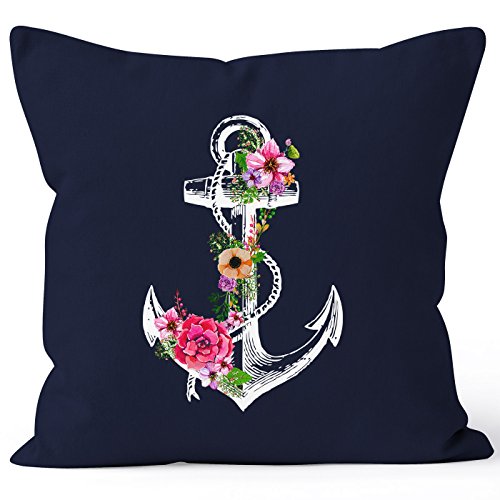 Autiga Kissenbezug Blumen Anker Flower Anchor Watercolor 40x40 Baumwolle Kissen-Hülle Deko-Kissen Navy 40cm x 40cm von Autiga