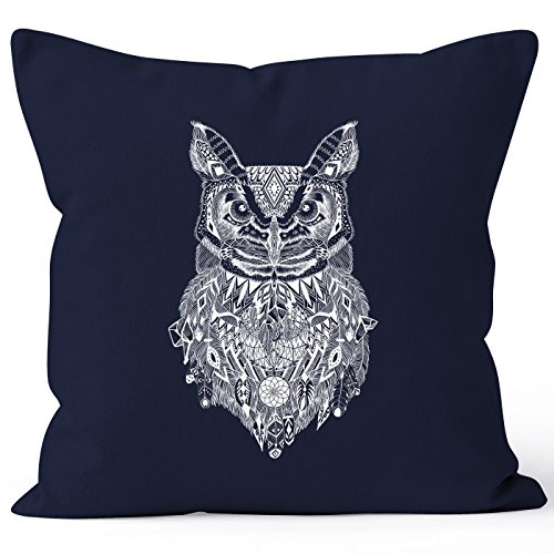 Autiga Kissenbezug Eule Atzekenmuster Ethno Boho Bohamian Atzec Owl geometrisch Kissen-Hülle Deko-Kissen 40x40 Baumwolle Navy 40cm x 40cm von Autiga