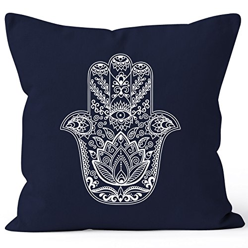 Autiga Kissenbezug Hamsa Hand der Fatima Glücksbringer Symbol Kissen-Hülle 40x40 Baumwolle Navy 40cm x 40cm von Autiga