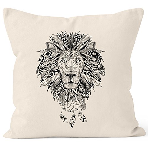 Autiga Kissenbezug Kissen-Hülle Löwe Lion Ethno Atzekenmuster Boho Atzec Federn Traumfänger Dreamcatcher Deko-Kissen 40x40 Baumwolle Natur 40cm x 40cm von Autiga