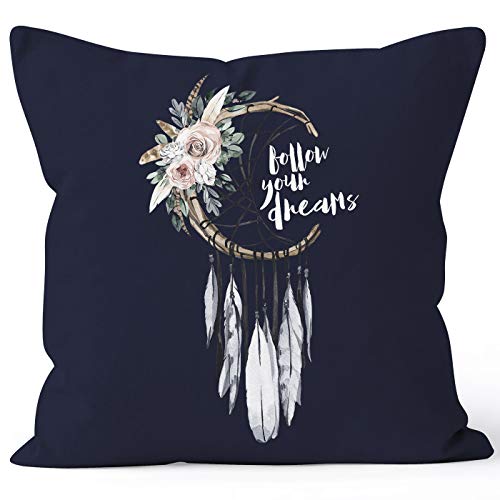 Autiga Kissenbezug Traumfänger Dreamcatcher Follow Your Dreams Spruch Blumen Federn Spruch Boho Kissen-Hülle Deko-Kissen Navy Unisize von Autiga