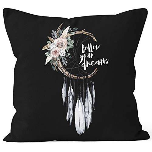 Autiga Kissenbezug Traumfänger Dreamcatcher Follow Your Dreams Spruch Blumen Federn Spruch Boho Kissen-Hülle Deko-Kissen schwarz Unisize von Autiga