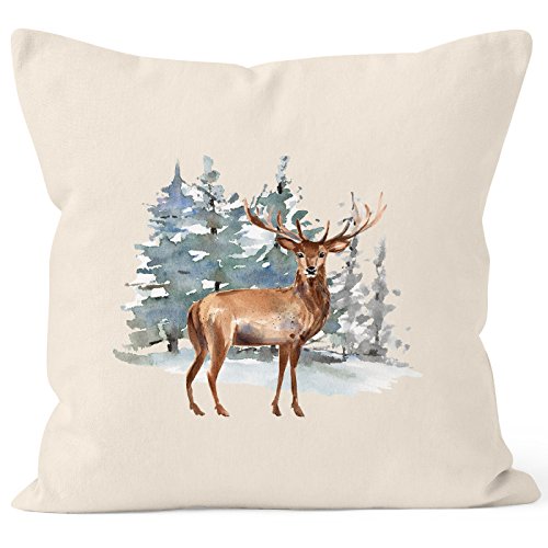 Autiga Kissenbezug Weihnachten Hirsch Deer Winterlandschaft Schnee Watercolor Natur 40cm x 40cm von Autiga