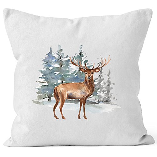 Autiga Kissenbezug Weihnachten Hirsch Deer Winterlandschaft Schnee Watercolor weiß 40cm x 40cm von Autiga