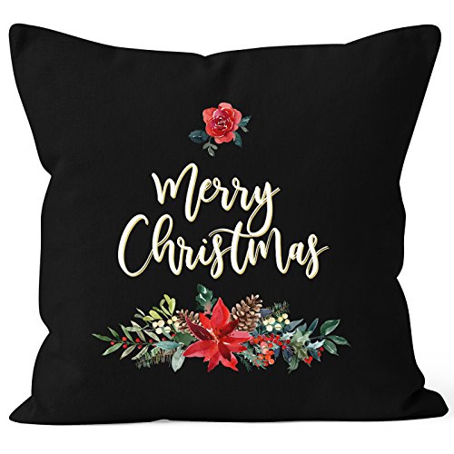 Autiga Kissenbezug Weihnachten Merry Christmas Blumen Weihnachtsstern Christstern Kissen-Hülle traditionell schwarz 40cm x 40cm von Autiga