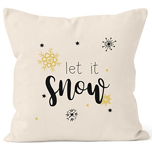 Autiga Kissenbezug Weihnachten Winter Let it Snow Spruch Schnee Eiskirstalle Schneeflocken Kissen-Hülle Baumwolle Natur 40cm x 40cm von Autiga