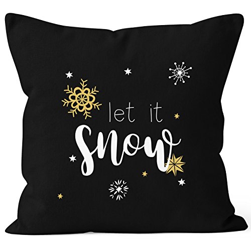 Autiga Kissenbezug Weihnachten Winter Let it Snow Spruch Schnee Eiskirstalle Schneeflocken Kissen-Hülle Baumwolle schwarz 40cm x 40cm von Autiga