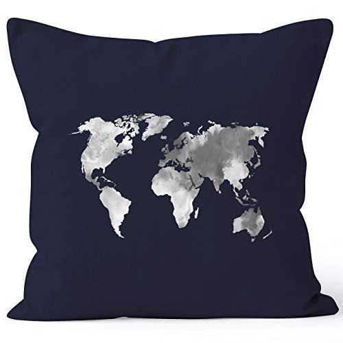 Autiga Kissenbezug Weltkarte Wasserfarben Watercolor World Map Kissen-Hülle Deko-Kissen Baumwolle Navy Unisize von Autiga