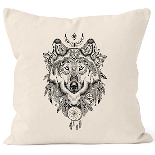 Autiga Kissenbezug Wolf Traumfänger Atzekenmuster Boho Bohamian Atzec Ethno Kissen-Hülle 40x40 Baumwolle Natur 40cm x 40cm von Autiga