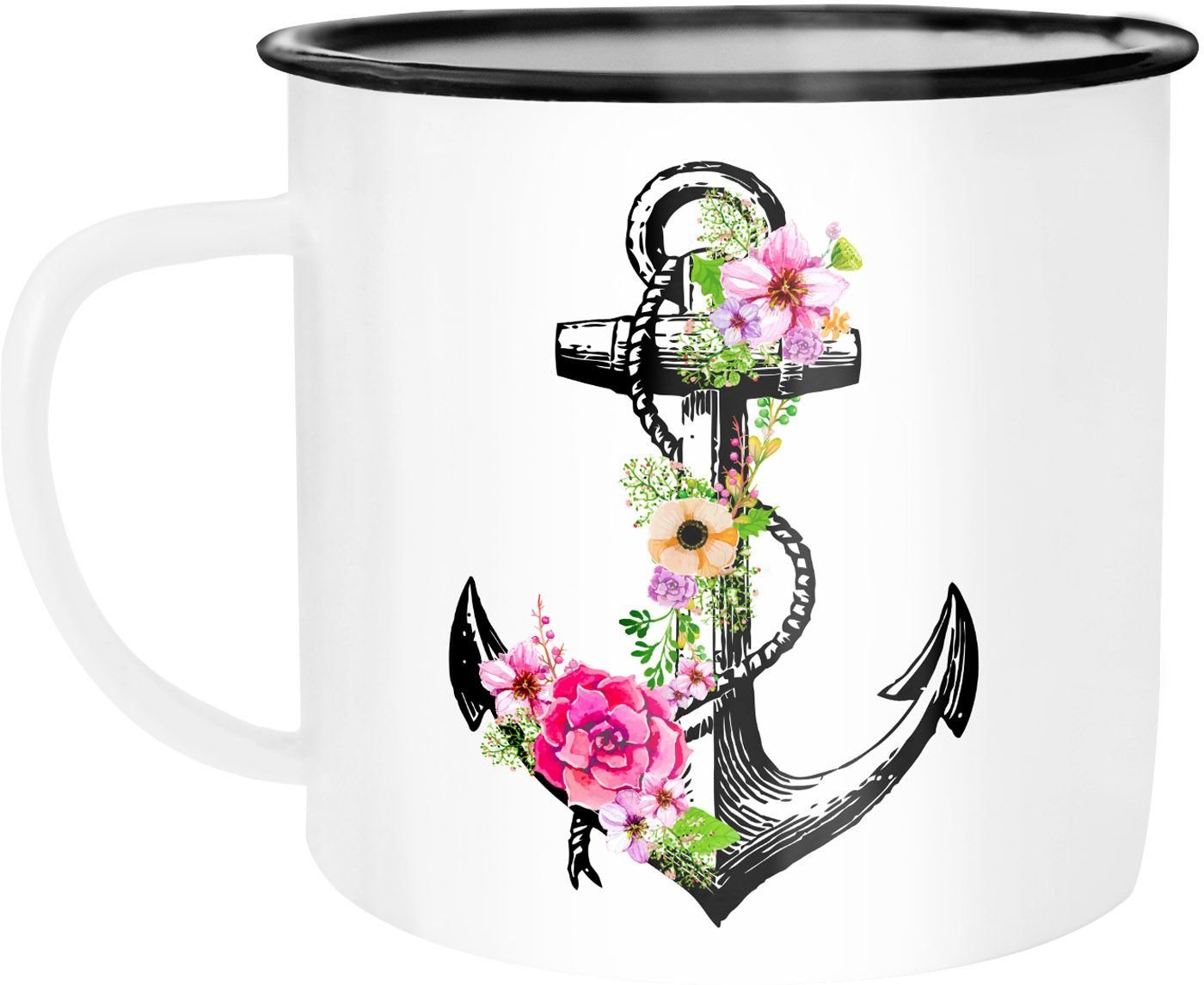 Autiga Tasse Emaille Tasse Becher Anker Blumen Anchor Flower Watercolor Kaffee-Tasse Autiga®, emailliert und mit Aufdruck von Autiga