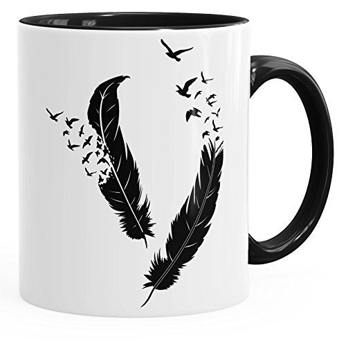 Autiga Tasse Feder Vögel glänzend Kaffeetasse Teetasse Keramiktasse mit Innenfarbe schwarz unisize von Autiga