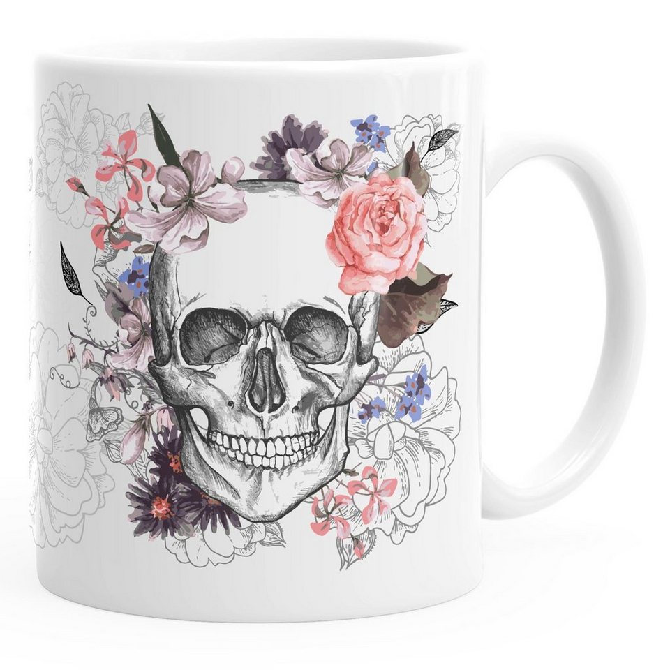 Autiga Tasse Kaffee-Tasse Totenkopf Blumen Flower Skull Boho Schädel Teetasse Keramiktasse Autiga®, Keramik, aus Keramik mit Aufdruck von Autiga