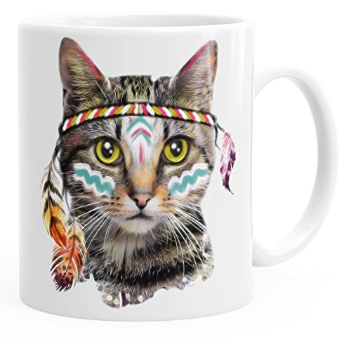 Autiga Tasse Katze mit Federn Kaffeetasse Teetasse Keramiktasse weiß unisize von Autiga