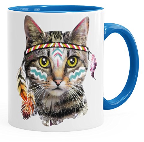 Autiga Tasse Katze mit Federn Kaffeetasse mit farbigem Henkel und Innenfarbe blau unisize von Autiga