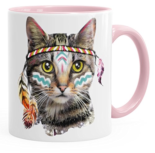 Autiga Tasse Katze mit Federn Kaffeetasse mit farbigem Henkel und Innenfarbe rosa unisize von Autiga