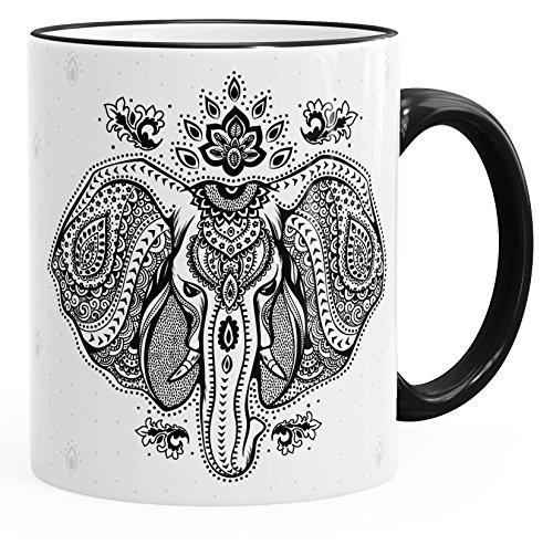 Autiga Tasse Mandala Elefant Zentangle Teetasse mit farbigem Henkel und Kante schwarz unisize von Autiga