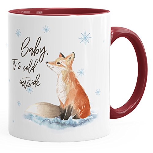 Autiga Tasse Weihnachten Baby it`s cold outside Spruch Fuchs Winter Schnee Fox Weihnachtsbecher Weihnachtstasse bordeauxrot unisize von Autiga