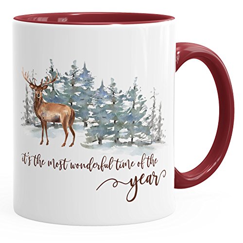 Autiga Tasse Weihnachten kaffeebecher It`s the most wonderful time of the year Hirsch Weihnachtsmotiv bordeauxrot unisize von Autiga