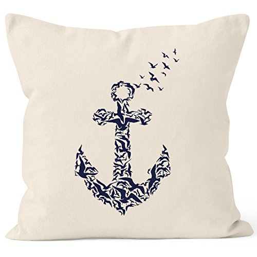 Autiga Zauberhafter Kissenbezug Vogel Anker Anchor Birds Kissen-Hülle Deko-Kissen 40x40 Baumwolle Natur 40cm x 40cm von Autiga