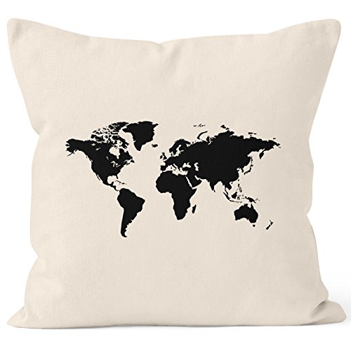 Autiga bedruckter Kissenbezug 40x40 Weltkarte World Map Kissen-Hülle Deko-Kissen Baumwolle Natur 40cm x 40cm von Autiga