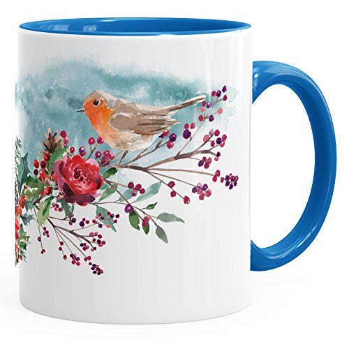 Autiga Kaffee-Tasse Vogel Rotkehlchen Blumen Misteln Watercolor Bird Weihnachten Christmas blau unisize von Autiga