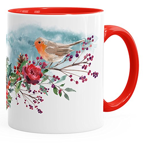 Autiga Kaffee-Tasse Vogel Rotkehlchen Blumen Misteln Watercolor Bird Weihnachten Christmas rot unisize von Autiga