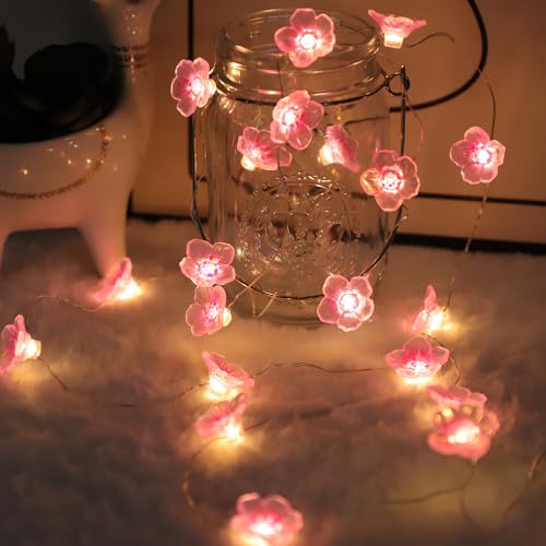 Auting LED Lichterkette Kirschblüten deko, 2M lichterkette blumen Girlande mit 20 LED-Licht Batterie mit Timing-Funktion, lichterkette frühling deko für Innen, Garten Bäume,Terrasse Deko, 1 Stück von Auting