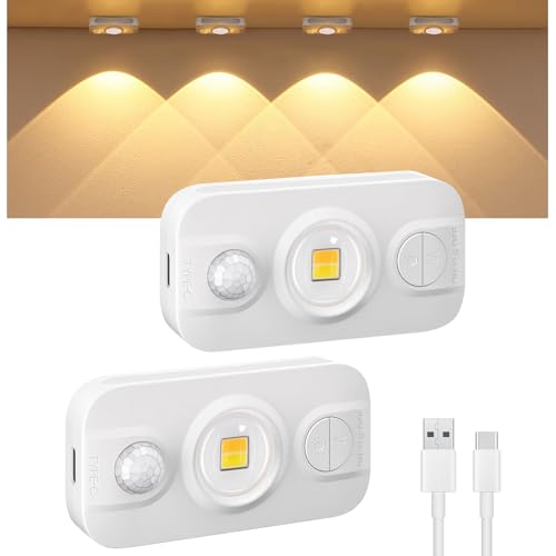 Auting Mini Unterbauleuchte Küche, 2 Stück LED Schrankbeleuchtung mit Bewegungsmelder,USB-C wiederaufladbar LED-Licht Warmweiß Dimmbar kabellos Nachtlicht für Kleiderschrank Schrank treppenbeleuchtung von Auting