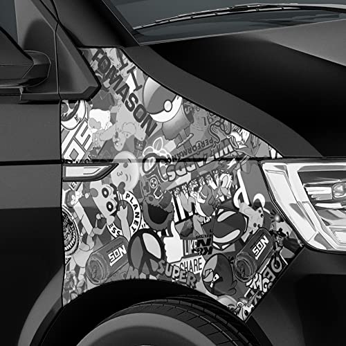 Auto-Dress Stickerbomb Auto-Folie mit Luftkanal-Technik für 3D Car-Wrapping (30x150cm, Design: Cartoon, Farbe: Schwarz-Weiß, Finish: Glanz) von Auto-Dress