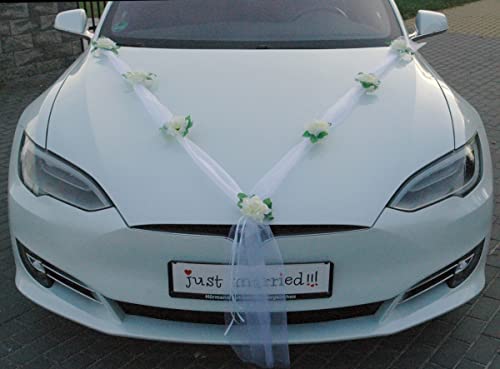 DER KLASSIKER Auto-schmuck 100% fertige Dekoration Braut Paar Rose Deko Autoschmuck Hochzeit Car Auto Wedding Deko Ratan Girlande (ecru/weiß) von Auto-schmuck so einfach so kreativ