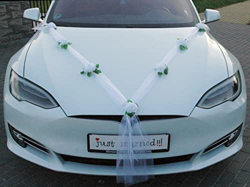 DER KLASSIKER Auto-schmuck 100% fertige Dekoration Braut Paar Rose Deko Autoschmuck Hochzeit Car Auto Wedding Deko Ratan Girlande (reinweiß/weiß) von Auto-schmuck so einfach so kreativ