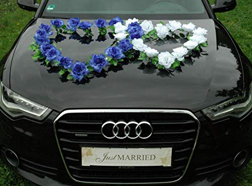 DOPPEL Herz Auto Schmuck Braut Paar Rose Deko Dekoration Autoschmuck Hochzeit Car Auto Wedding Deko Ratan (Blau/Reinweiß) von Auto-schmuck so einfach so kreativ