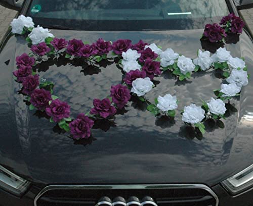 DOPPEL Herz Auto Schmuck Braut Paar Rose Deko Dekoration Autoschmuck Hochzeit Car Auto Wedding Deko Ratan (Dunkelviolett/Reinweiß) von Auto-schmuck so einfach so kreativ