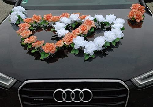 DOPPEL Herz Auto Schmuck Braut Paar Rose Deko Dekoration Autoschmuck Hochzeit Car Auto Wedding Deko Ratan (Orange/Reinweiß) von Auto-schmuck so einfach so kreativ