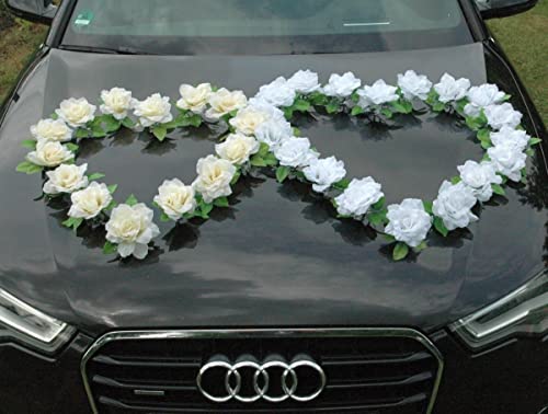 DOPPEL Herz Auto Schmuck Braut Paar Rose Deko Dekoration Autoschmuck Hochzeit Car Auto Wedding Deko Ratan (Reinweiß/Ecru) von Auto-schmuck so einfach so kreativ