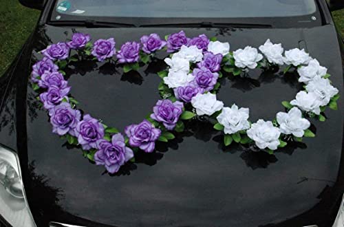 DOPPEL Herz Auto Schmuck Braut Paar Rose Deko Dekoration Autoschmuck Hochzeit Car Auto Wedding Deko Ratan (Reinweiß/Lila) von Auto-schmuck so einfach so kreativ