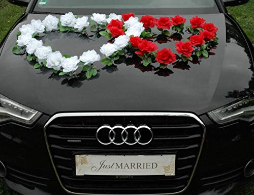 DOPPEL Herz Auto Schmuck Braut Paar Rose Deko Dekoration Autoschmuck Hochzeit Car Auto Wedding Deko Ratan (Reinweiß/Rot) von Auto-schmuck so einfach so kreativ