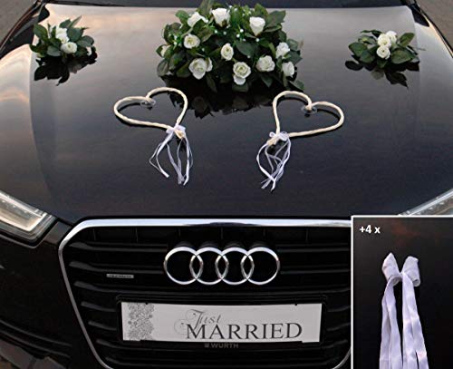 ECHTER ROSESTRAUSS Autoschmuck Braut Paar Rose Deko Tauben Herze Dekoration Hochzeit Car Auto Wedding Deko (Weiß+Herzen) von Auto-schmuck so einfach so kreativ