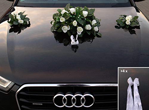ECHTER ROSESTRAUSS Autoschmuck Braut Paar Rose Deko Tauben Herze Dekoration Hochzeit Car Auto Wedding Deko (Weiß+Tauben) von Auto-schmuck so einfach so kreativ