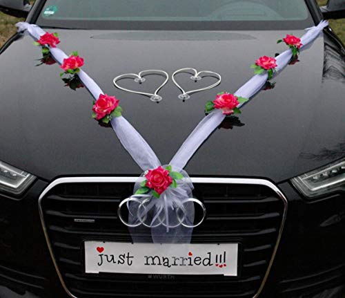 Organza M + Herzen Braut Paar Rose Deko Dekoration Autoschmuck Hochzeit Car Auto Wedding Deko Ratan Girlande ®Auto-schmuck PKW (Burgund/Weiß/Weiß) von Auto-schmuck so einfach so kreativ