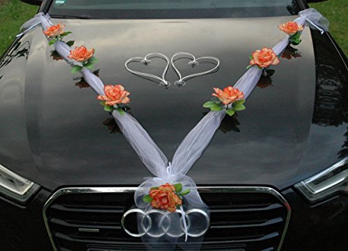 Organza M + Herzen Braut Paar Rose Deko Dekoration Autoschmuck Hochzeit Car Auto Wedding Deko Ratan Girlande ®Auto-schmuck PKW (Orange/Weiß/Weiß) von Auto-schmuck so einfach so kreativ