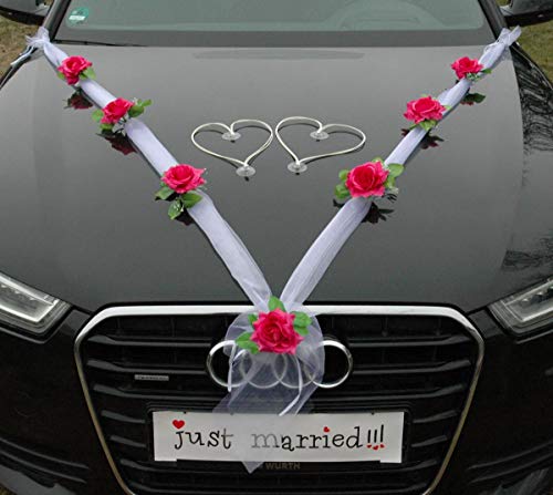 Organza M + Herzen Braut Paar Rose Deko Dekoration Autoschmuck Hochzeit Car Auto Wedding Deko Ratan Girlande ®Auto-schmuck PKW (Pink/Weiß Weiß) von Auto-schmuck so einfach so kreativ