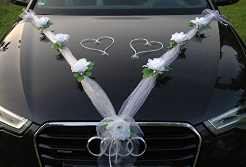 ORGANZA M + HERZEN Braut Paar Rose Deko Dekoration Autoschmuck Hochzeit Car Auto Wedding Deko Ratan Girlande ®Auto-schmuck PKW (Reinweiß/Weiß/Weiß) von Auto-schmuck so einfach so kreativ