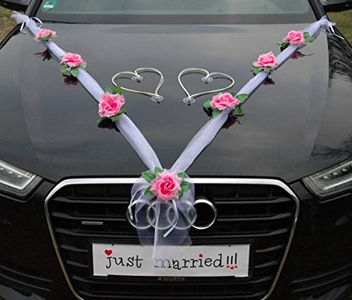 Organza M + Herzen Braut Paar Rose Deko Dekoration Autoschmuck Hochzeit Car Auto Wedding Deko Ratan Girlande ®Auto-schmuck PKW (Rosa/Weiß/Weiß) von Auto-schmuck so einfach so kreativ