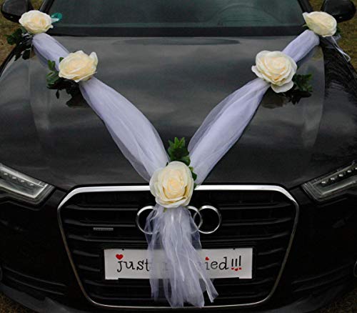ORGANZA XXL Girlande Braut Paar Rose Orchidee Kamelie Deko Dekoration Hochzeit Car Auto Wedding ®Auto-schmuck Deko PKW (Ecru/Weiß) von Auto-schmuck so einfach so kreativ