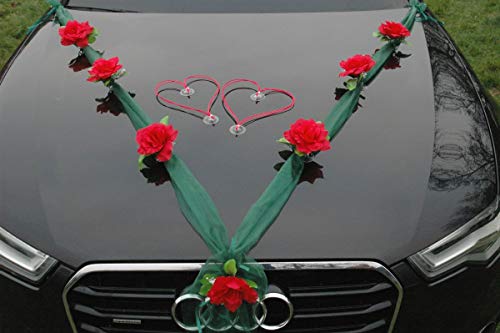 Organza M + Herzen Braut Paar Rose Deko Dekoration Autoschmuck Hochzeit Car Auto Wedding Deko Ratan Girlande ®Auto-schmuck PKW (Rot/Grün/Rot) von Auto-schmuck so einfach so kreativ