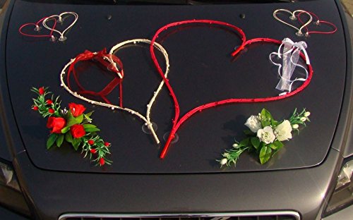 TOP HERZE Auto Schmuck Braut Paar Rose Deko Dekoration Autoschmuck Hochzeit Car Auto Wedding Deko PKW (Groß Weiß/Rot) von Auto-schmuck so einfach so kreativ